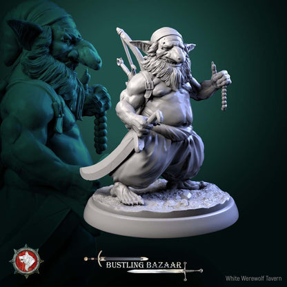 Render of Loot Goblins | 32mm Goblin Miniatures | White Werewolf: Six goblin scoundrels with stolen chest, crown, gems, and trinkets, from White Werewolf's Bustling Bazaar. 32mm 3D printed resin, single or full set.