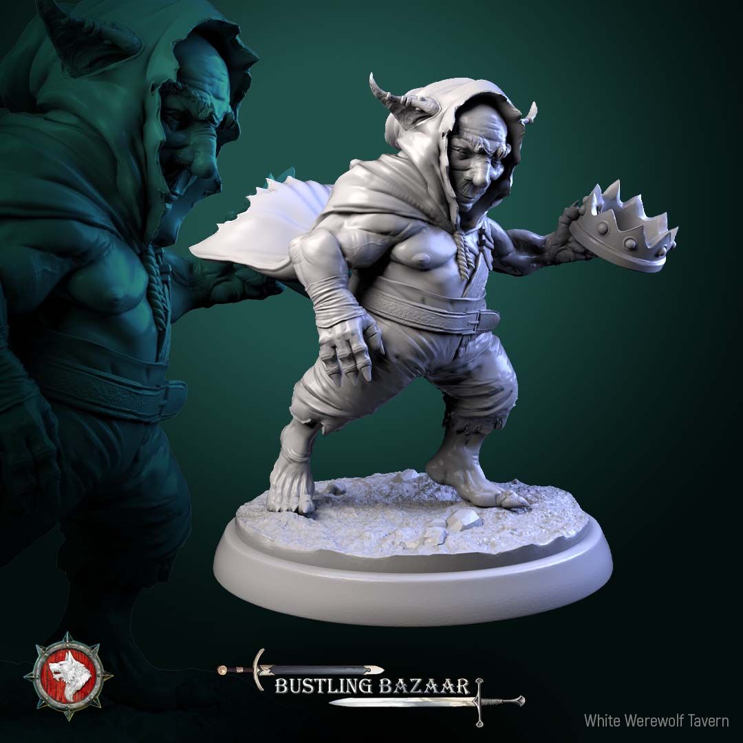 Render of Loot Goblins | 32mm Goblin Miniatures | White Werewolf: Six goblin scoundrels with stolen chest, crown, gems, and trinkets, from White Werewolf's Bustling Bazaar. 32mm 3D printed resin, single or full set.