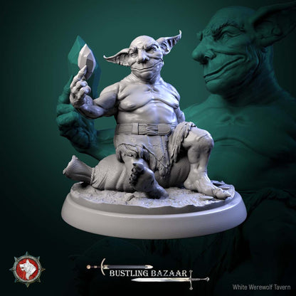 Render of Loot Goblins | 32mm Goblin Miniatures | White Werewolf: Six goblin scoundrels with stolen chest, crown, gems, and trinkets, from White Werewolf's Bustling Bazaar. 32mm 3D printed resin, single or full set.