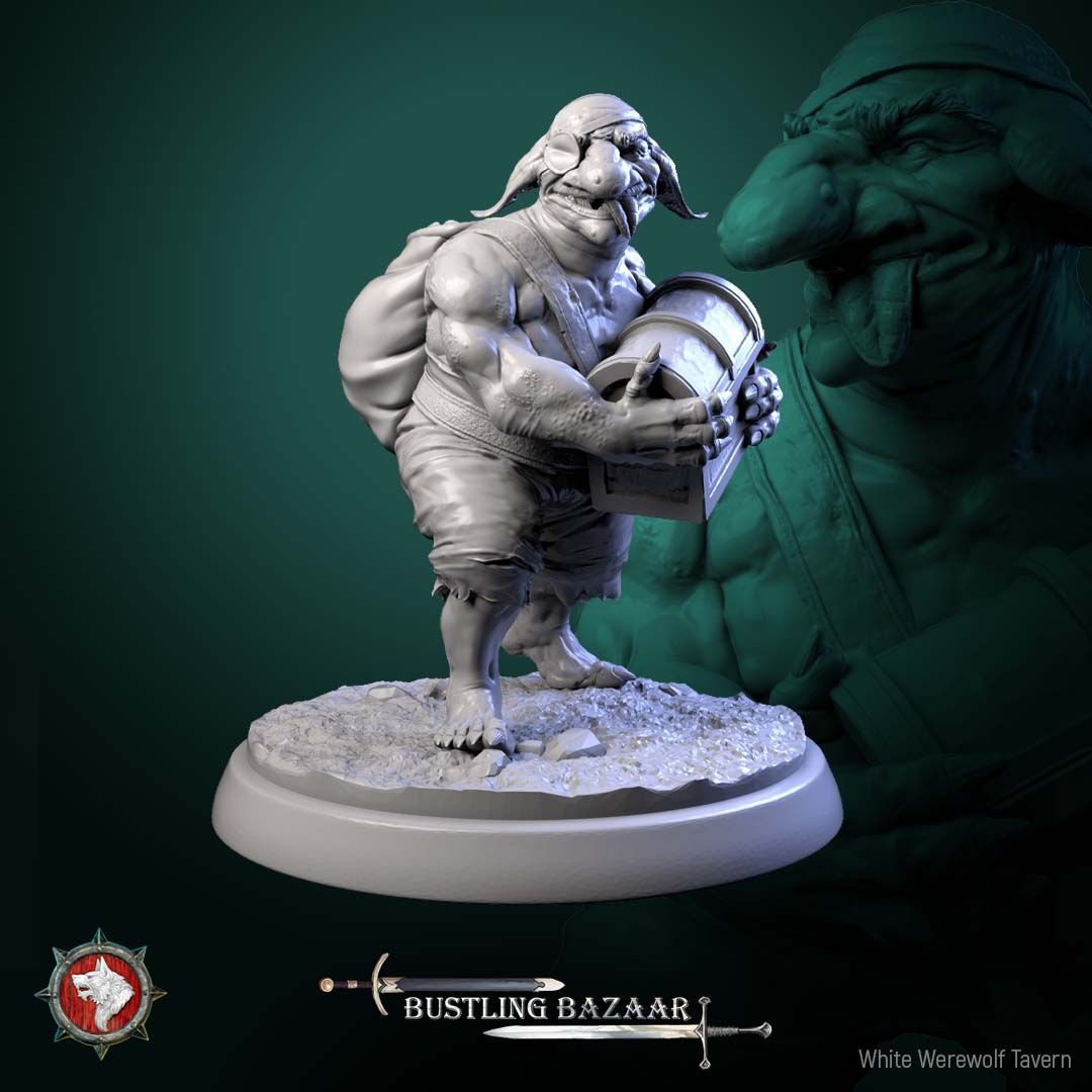 Render of Loot Goblins | 32mm Goblin Miniatures | White Werewolf: Six goblin scoundrels with stolen chest, crown, gems, and trinkets, from White Werewolf's Bustling Bazaar. 32mm 3D printed resin, single or full set.
