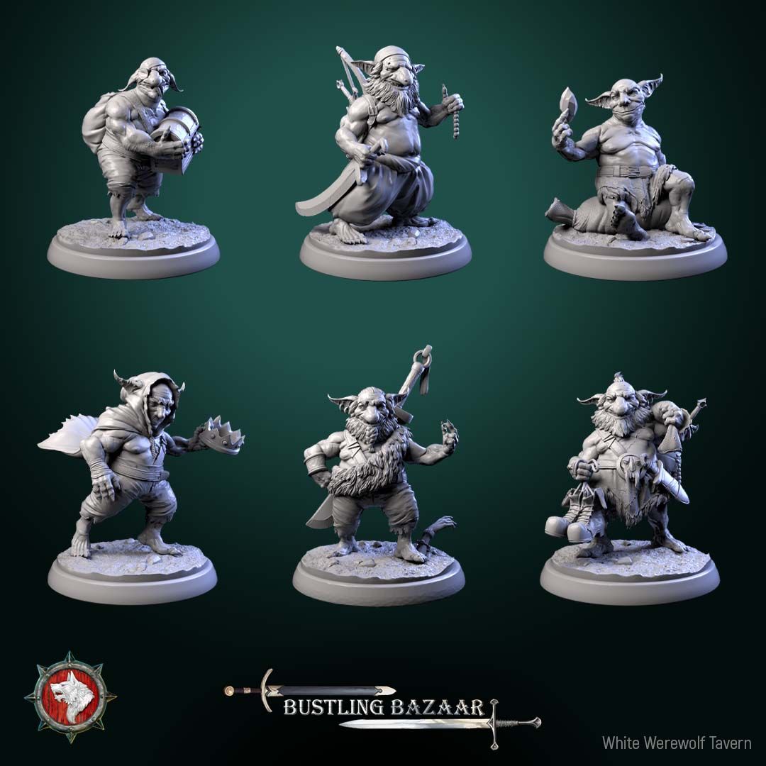 Render of Loot Goblins | 32mm Goblin Miniatures | White Werewolf: Six goblin scoundrels with stolen chest, crown, gems, and trinkets, from White Werewolf's Bustling Bazaar. 32mm 3D printed resin, single or full set.
