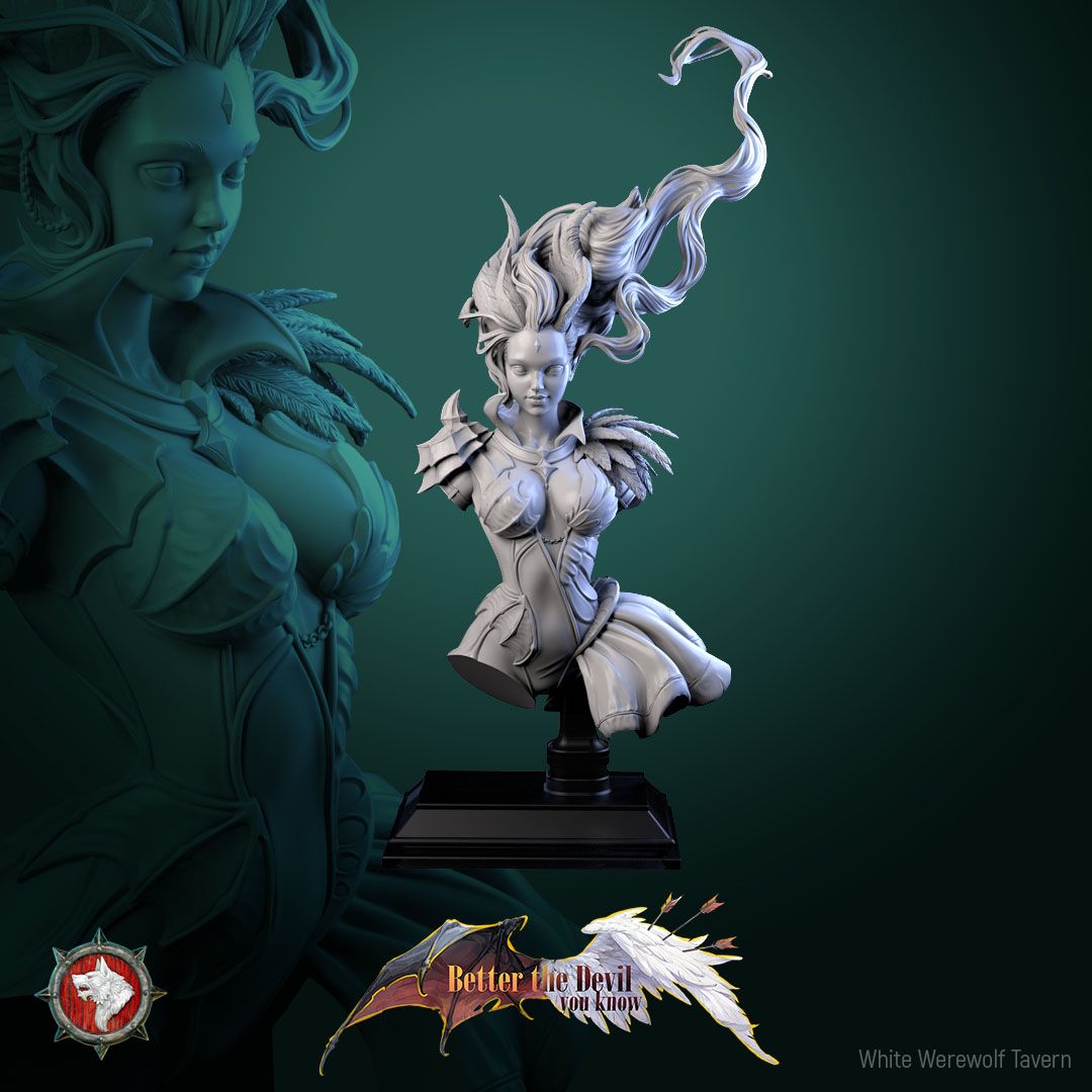 Render of Lysandra Bust | Bifurcated Seraph Collector Bust: Half-divine half-infernal seraph bust with feathers and flame, from White Werewolf's Better the Devil You Know. 3D printed resin collector bust.