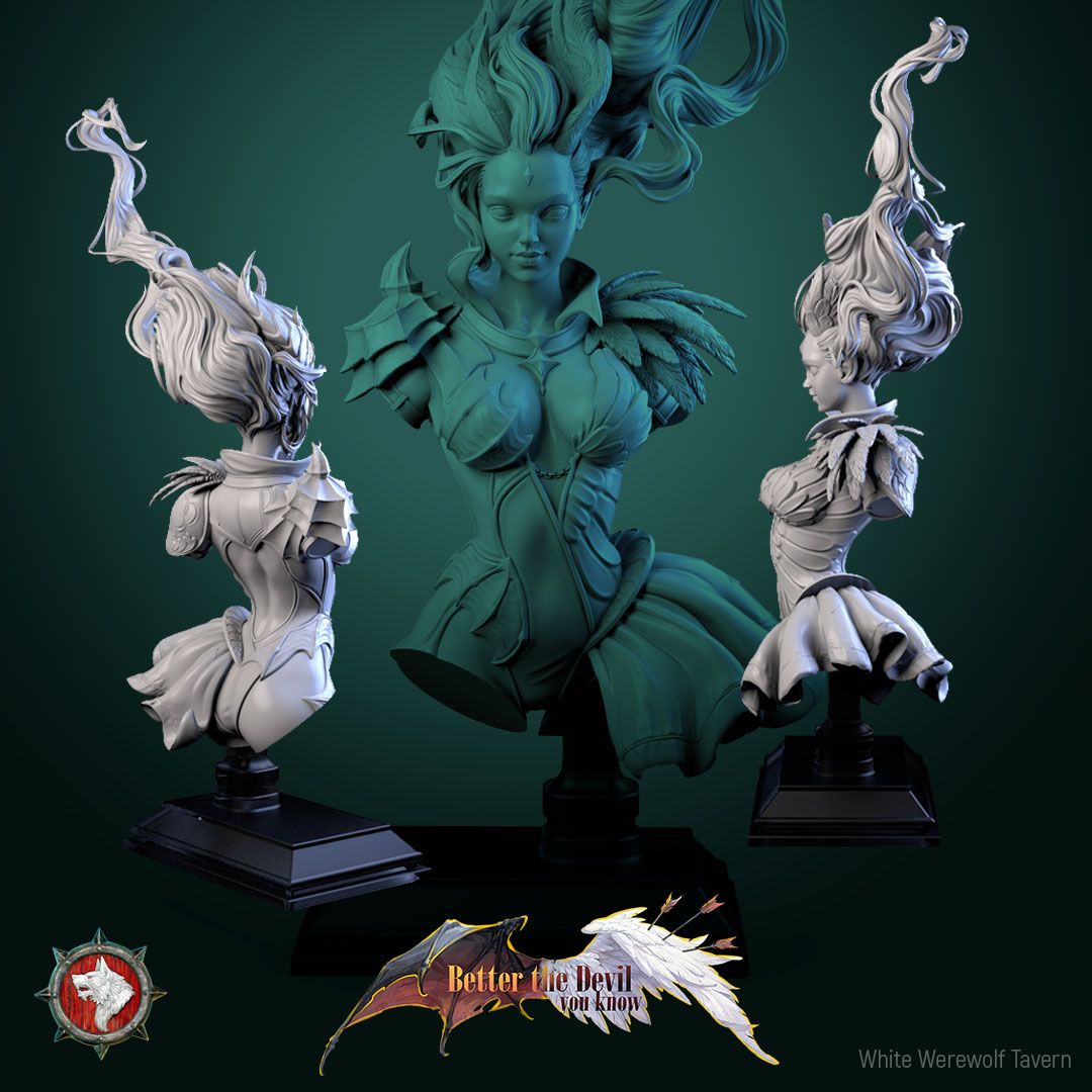 Render of Lysandra Bust | Bifurcated Seraph Collector Bust: Half-divine half-infernal seraph bust with feathers and flame, from White Werewolf's Better the Devil You Know. 3D printed resin collector bust.