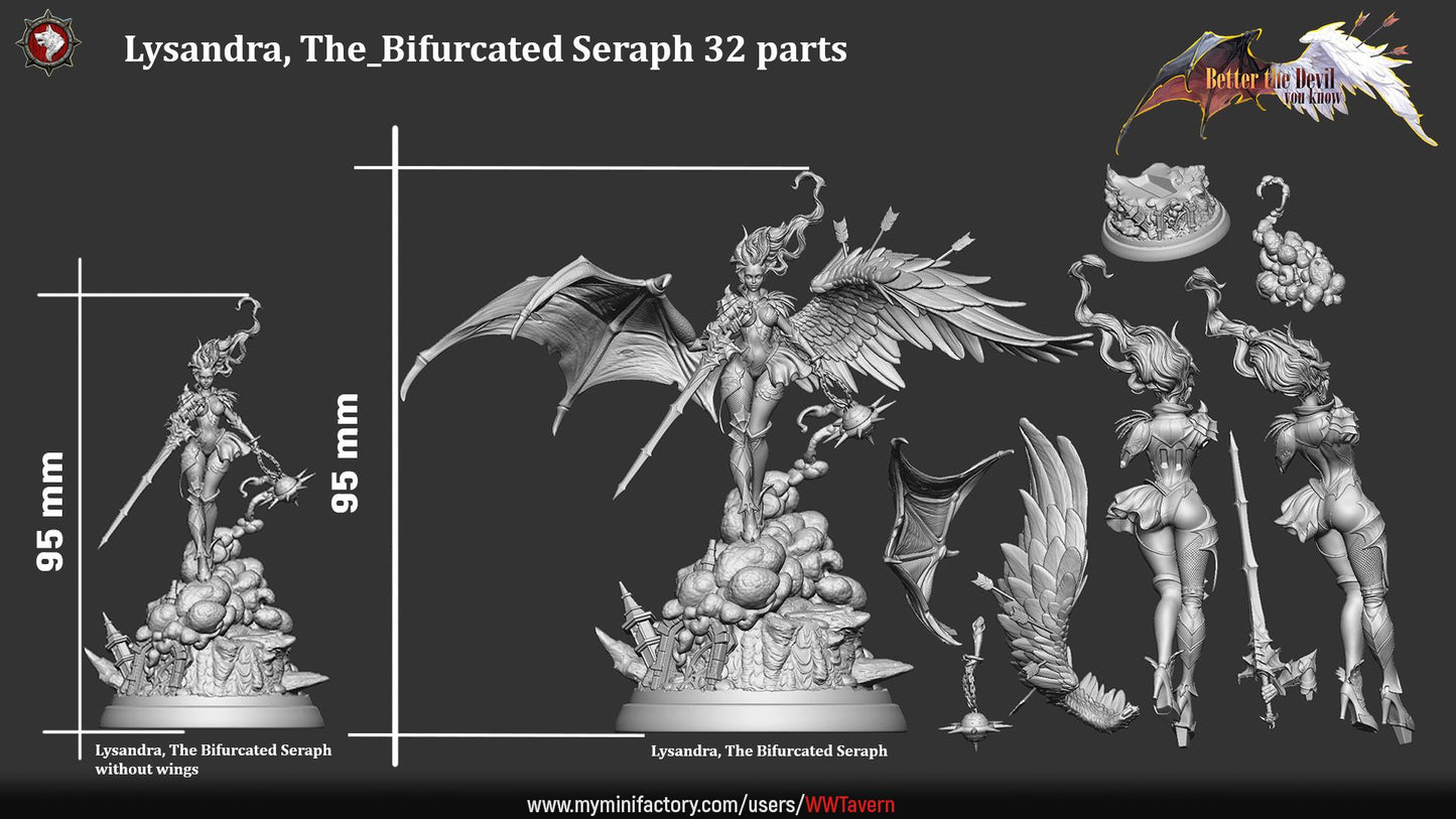 Render of Lysandra the Bifurcated Seraph | 32-75mm Fallen Angel Miniature: Half-angel, half-devil winged seraph with a longsword and spiked chain flail, from White Werewolf Tavern. 32mm and 75mm 3D printed resin miniature.