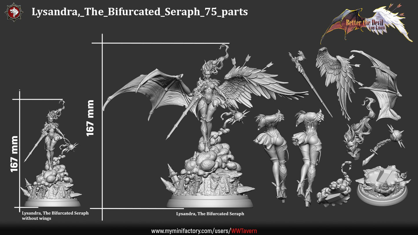 Render of Lysandra the Bifurcated Seraph | 32-75mm Fallen Angel Miniature: Half-angel, half-devil winged seraph with a longsword and spiked chain flail, from White Werewolf Tavern. 32mm and 75mm 3D printed resin miniature.