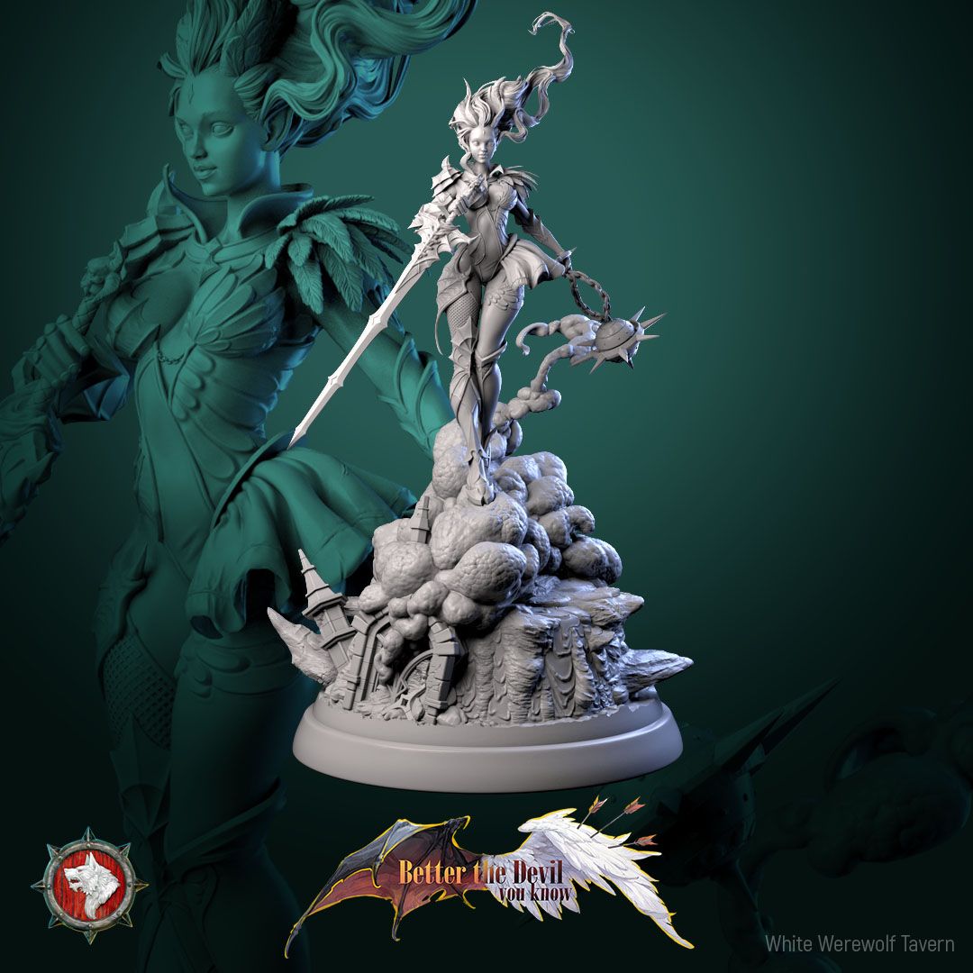 Render of Lysandra the Bifurcated Seraph | 32-75mm Fallen Angel Miniature: Half-angel, half-devil winged seraph with a longsword and spiked chain flail, from White Werewolf Tavern. 32mm and 75mm 3D printed resin miniature.