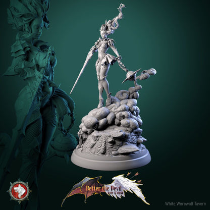 Render of Lysandra the Bifurcated Seraph | 32-75mm Fallen Angel Miniature: Half-angel, half-devil winged seraph with a longsword and spiked chain flail, from White Werewolf Tavern. 32mm and 75mm 3D printed resin miniature.