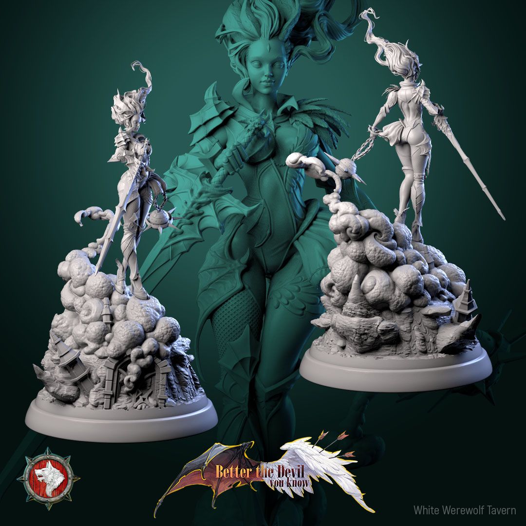 Render of Lysandra the Bifurcated Seraph | 32-75mm Fallen Angel Miniature: Half-angel, half-devil winged seraph with a longsword and spiked chain flail, from White Werewolf Tavern. 32mm and 75mm 3D printed resin miniature.