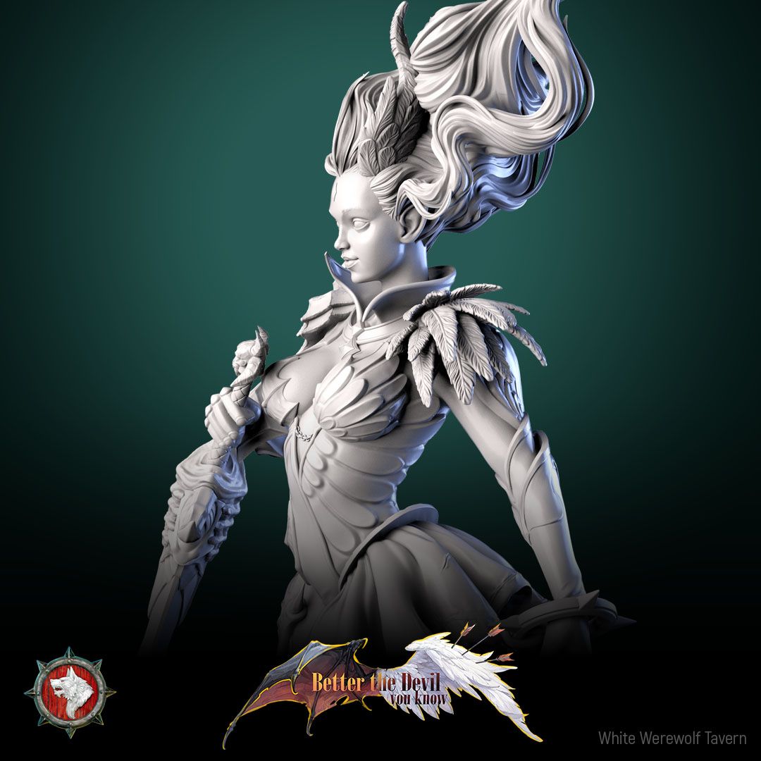 Render of Lysandra the Bifurcated Seraph | 32-75mm Fallen Angel Miniature: Half-angel, half-devil winged seraph with a longsword and spiked chain flail, from White Werewolf Tavern. 32mm and 75mm 3D printed resin miniature.