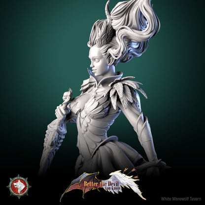 Render of Lysandra the Bifurcated Seraph | 32-75mm Fallen Angel Miniature: Half-angel, half-devil winged seraph with a longsword and spiked chain flail, from White Werewolf Tavern. 32mm and 75mm 3D printed resin miniature.