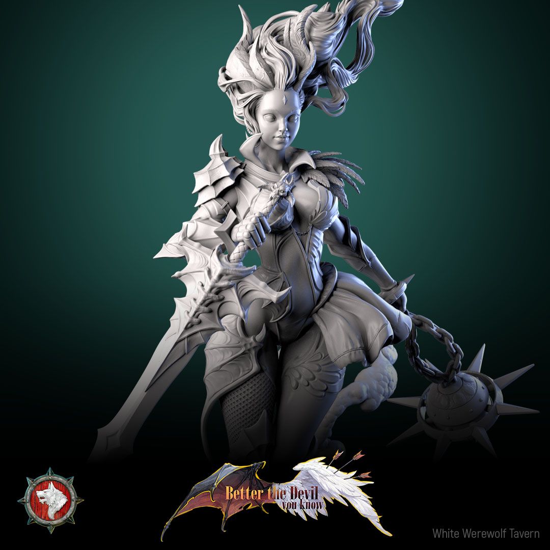 Render of Lysandra the Bifurcated Seraph | 32-75mm Fallen Angel Miniature: Half-angel, half-devil winged seraph with a longsword and spiked chain flail, from White Werewolf Tavern. 32mm and 75mm 3D printed resin miniature.