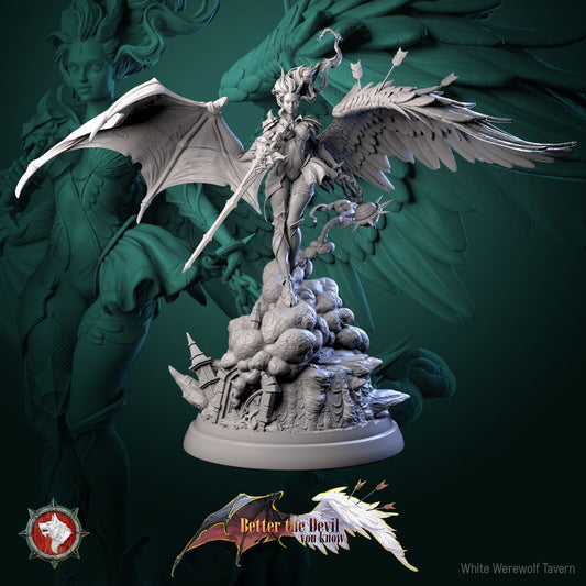 Render of Lysandra the Bifurcated Seraph | 32-75mm Fallen Angel Miniature: Half-angel, half-devil winged seraph with a longsword and spiked chain flail, from White Werewolf Tavern. 32mm and 75mm 3D printed resin miniature.