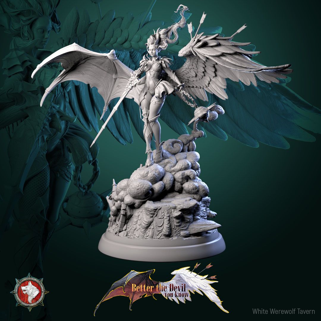 Render of Lysandra the Bifurcated Seraph | 32-75mm Fallen Angel Miniature: Half-angel, half-devil winged seraph with a longsword and spiked chain flail, from White Werewolf Tavern. 32mm and 75mm 3D printed resin miniature.