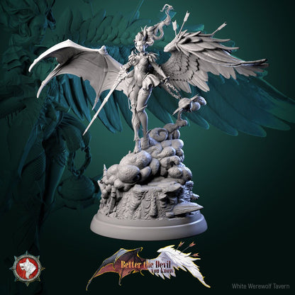 Render of Lysandra the Bifurcated Seraph | 32-75mm Fallen Angel Miniature: Half-angel, half-devil winged seraph with a longsword and spiked chain flail, from White Werewolf Tavern. 32mm and 75mm 3D printed resin miniature.