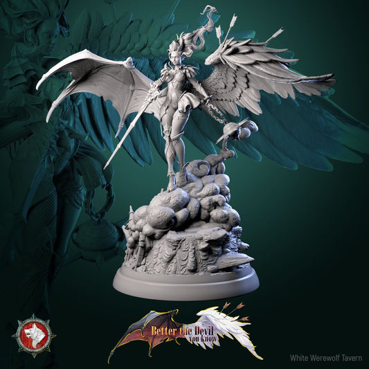 Render of Lysandra the Bifurcated Seraph | 32-75mm Fallen Angel Miniature: Half-angel, half-devil winged seraph with a longsword and spiked chain flail, from White Werewolf Tavern. 32mm and 75mm 3D printed resin miniature.