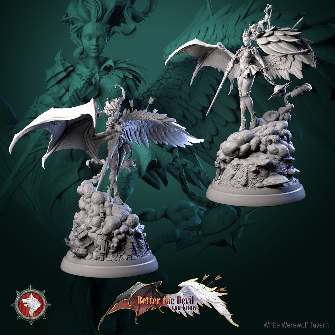 Render of Lysandra the Bifurcated Seraph | 32-75mm Fallen Angel Miniature: Half-angel, half-devil winged seraph with a longsword and spiked chain flail, from White Werewolf Tavern. 32mm and 75mm 3D printed resin miniature.