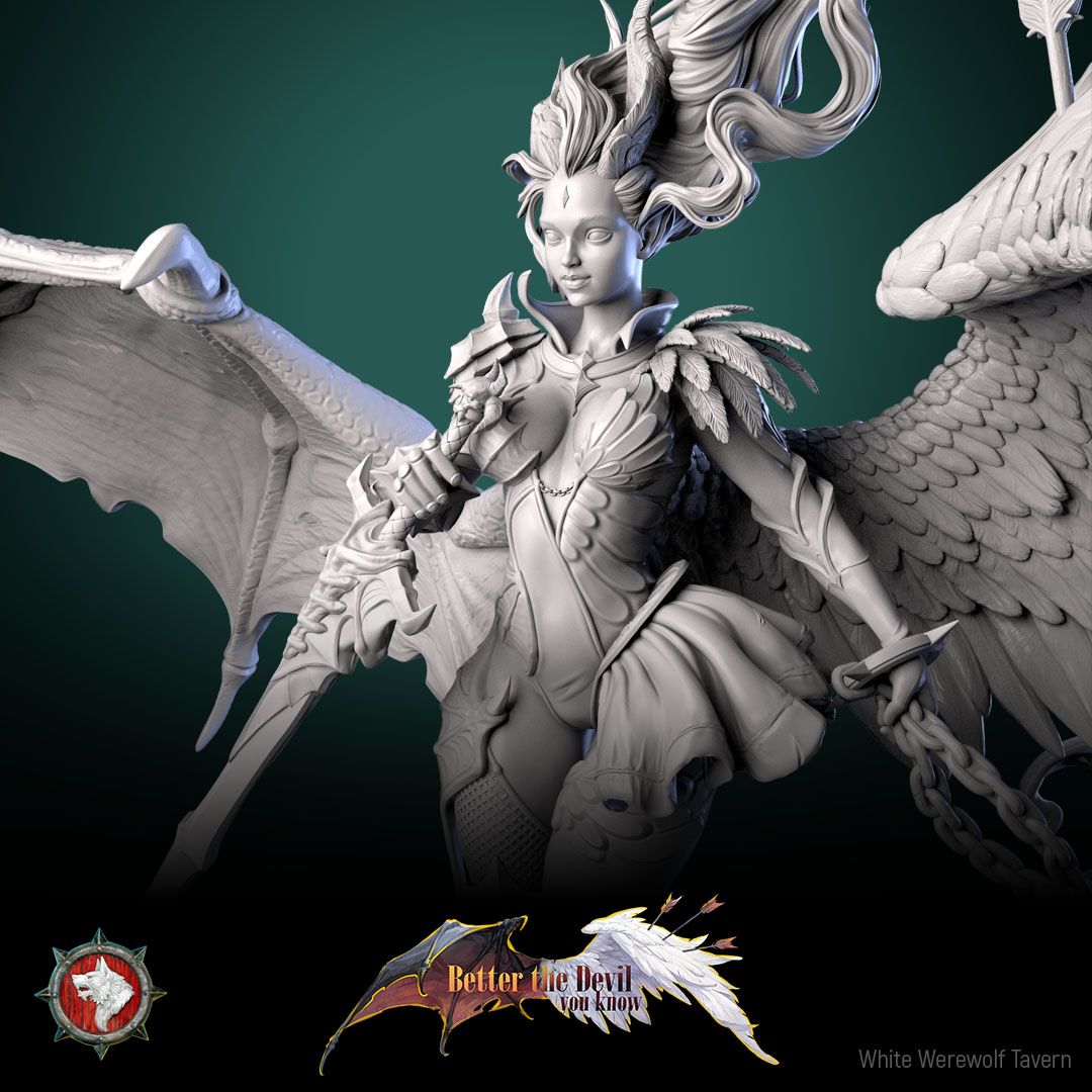 Render of Lysandra the Bifurcated Seraph | 32-75mm Fallen Angel Miniature: Half-angel, half-devil winged seraph with a longsword and spiked chain flail, from White Werewolf Tavern. 32mm and 75mm 3D printed resin miniature.