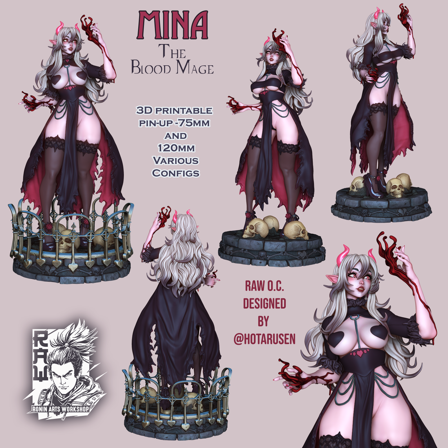 Blood Mage Mina | Clothed or Nude | Resin 3D Printed Pinup | Ronin Arts Workshop