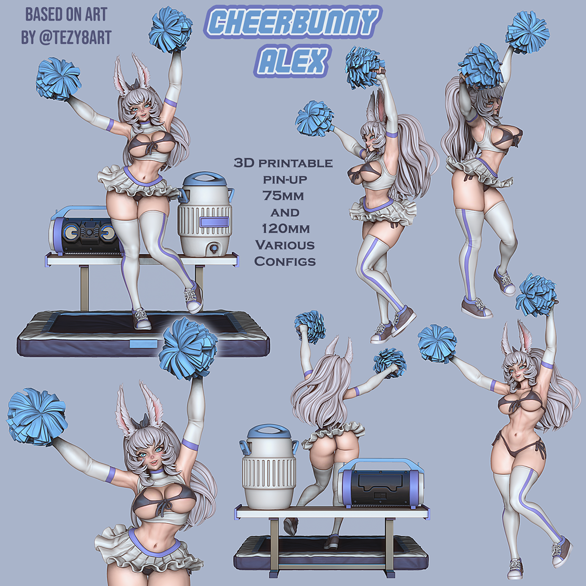 Cheerleader Bunny Alex | Clothed or Nude | Resin 3D Printed Pinup | Ronin Arts Workshop