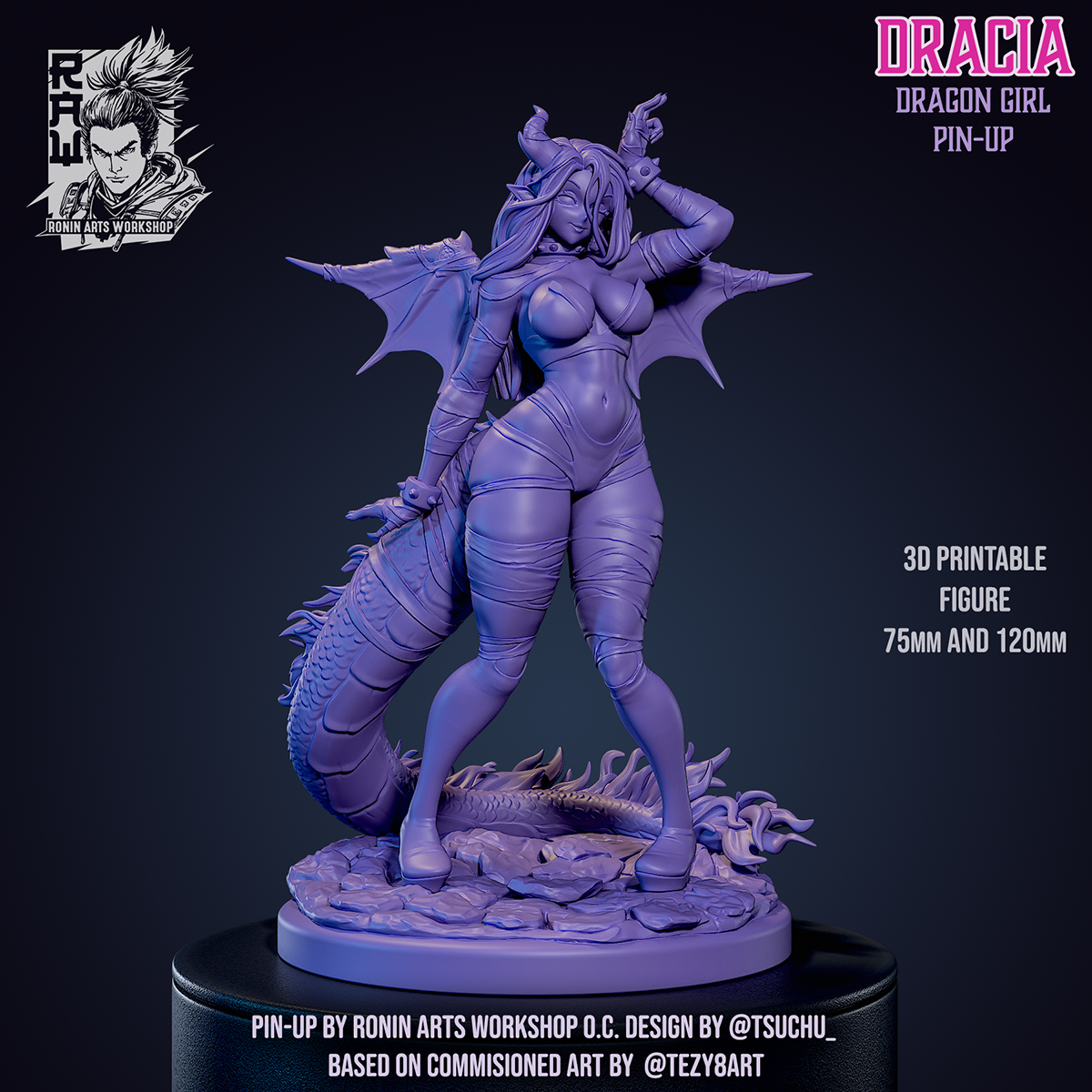 Dracia, Dragon Girl Pin-Up | Clothed or Nude | Resin 3D Printed Pinup | Ronin Arts Workshop