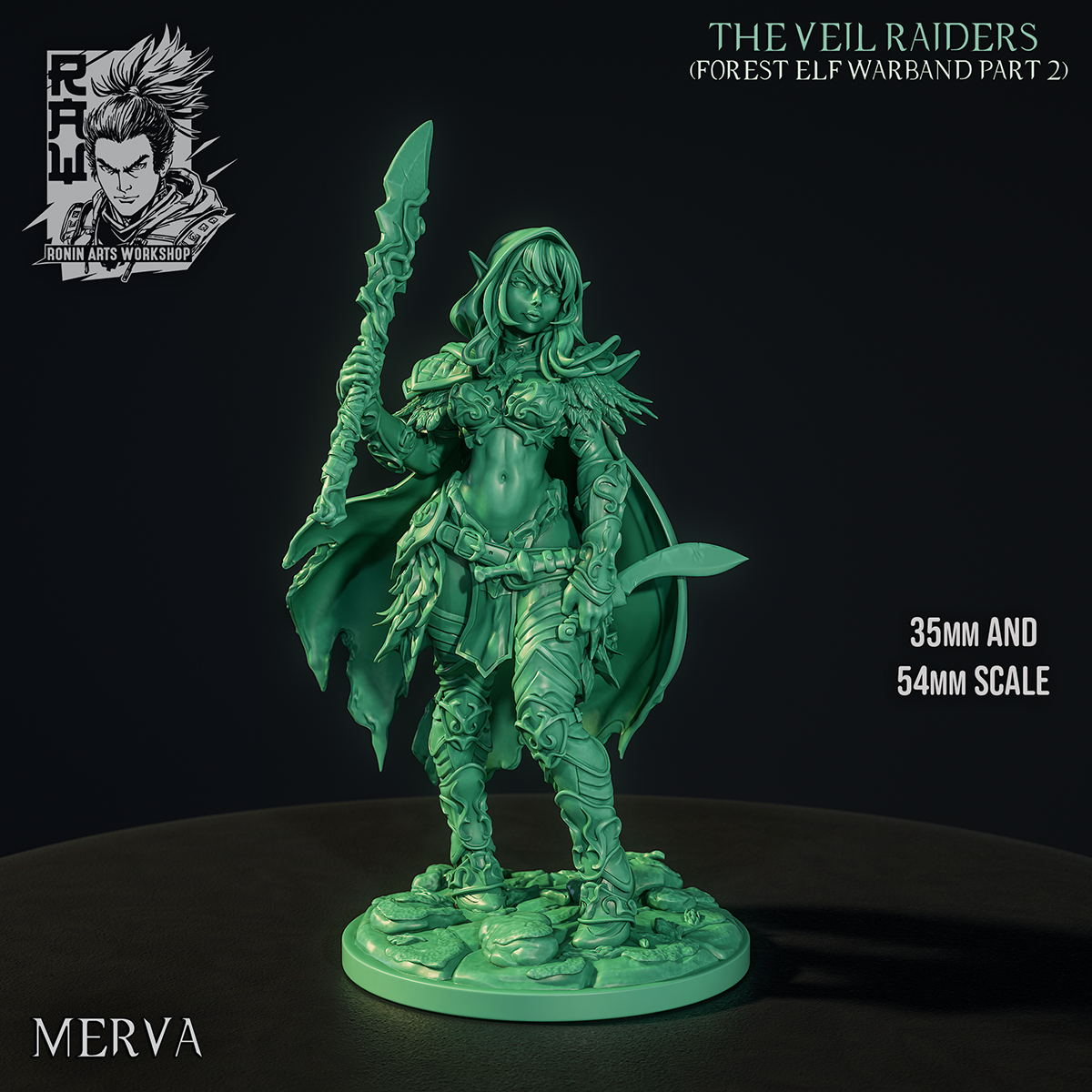 Merva the Green Shade, Veil Raiders forest elf assassin miniature with hooded cloak, spear and curved blade on her scenic base, green sculpt render by Ronin Arts Workshop.