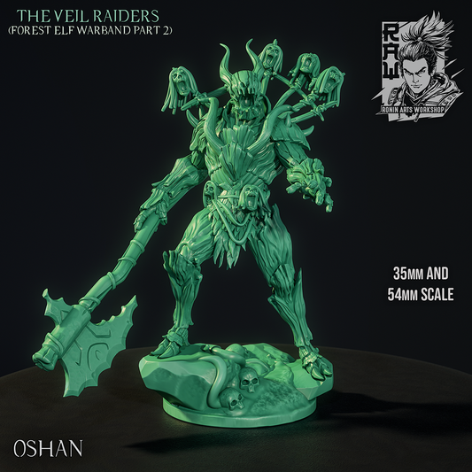 Oshan the Returned, Veil Raiders undead tree-warrior miniature with great axe and trophy heads on his rocky scenic base, green sculpt render by Ronin Arts Workshop.