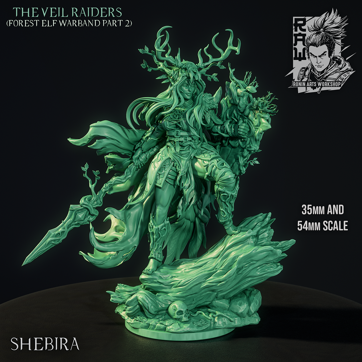 Shebira the Archdruid, Veil Raiders forest elf druid miniature with antler headdress, bark shield and spear, one foot on a fallen log, green sculpt render by Ronin Arts Workshop.