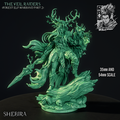 Shebira the Archdruid, Veil Raiders forest elf druid miniature with antler headdress, bark shield and spear, one foot on a fallen log, green sculpt render by Ronin Arts Workshop.