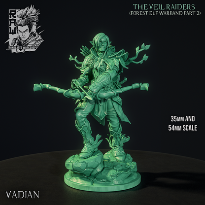 Vadian the Scout, Veil Raiders forest elf ranger miniature with longbow, quiver and branch-grown cloak on his rocky scenic base, green sculpt render by Ronin Arts Workshop.
