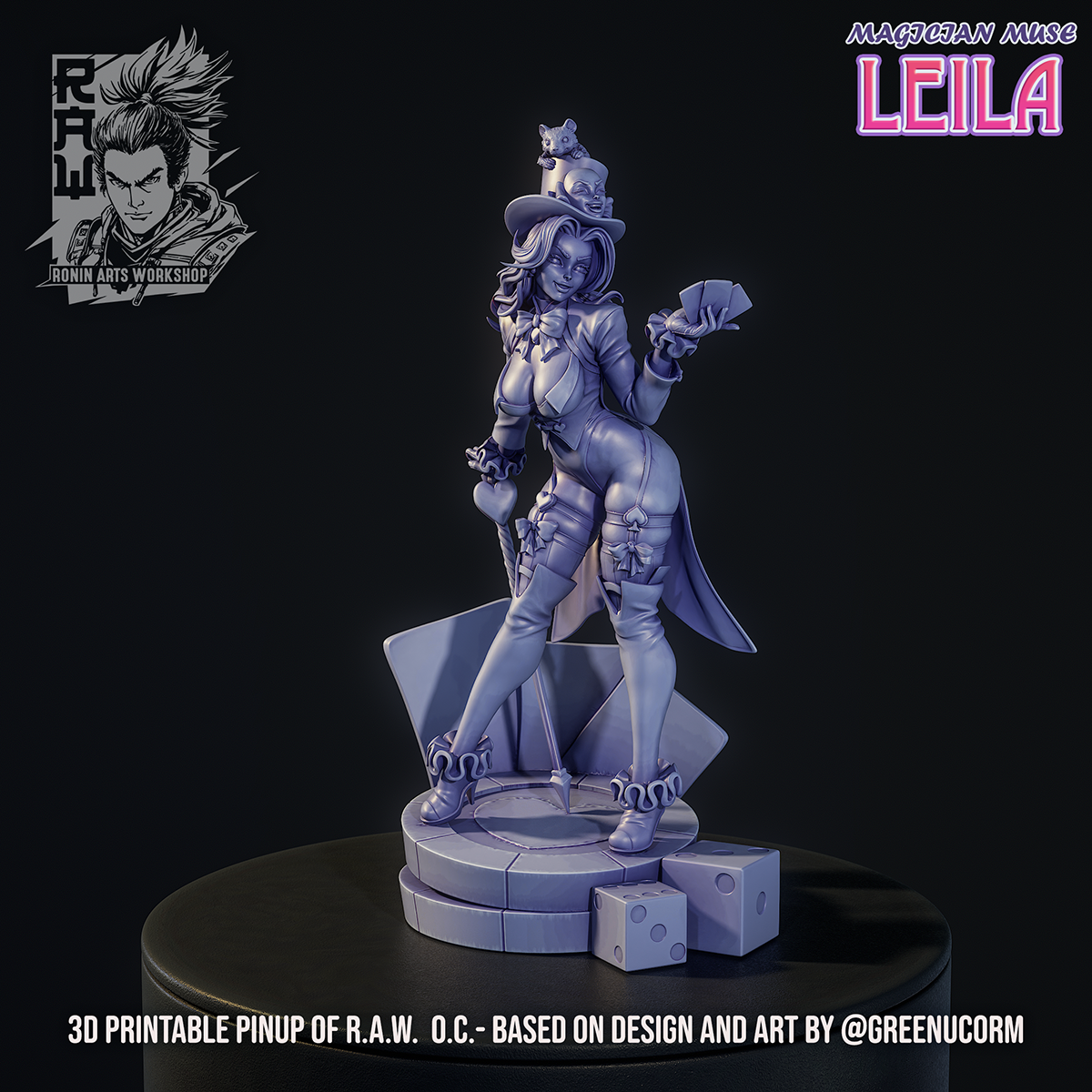 Magician Muse Leila on the poker-chip plinth, grey sculpt render by Ronin Arts Workshop.