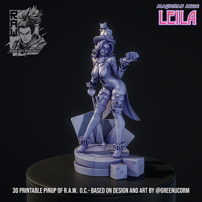 Magician Muse Leila on the poker-chip plinth, grey sculpt render by Ronin Arts Workshop.