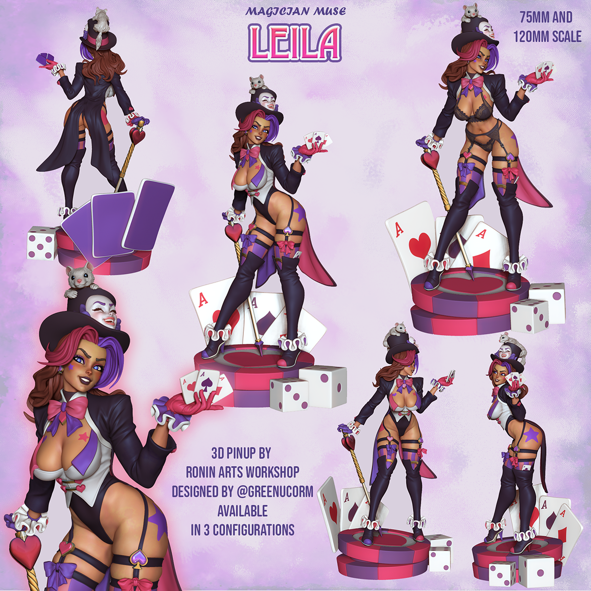 Magician Muse Leila, turnaround views in colour, Clothed and Lingerie styles, designer render.