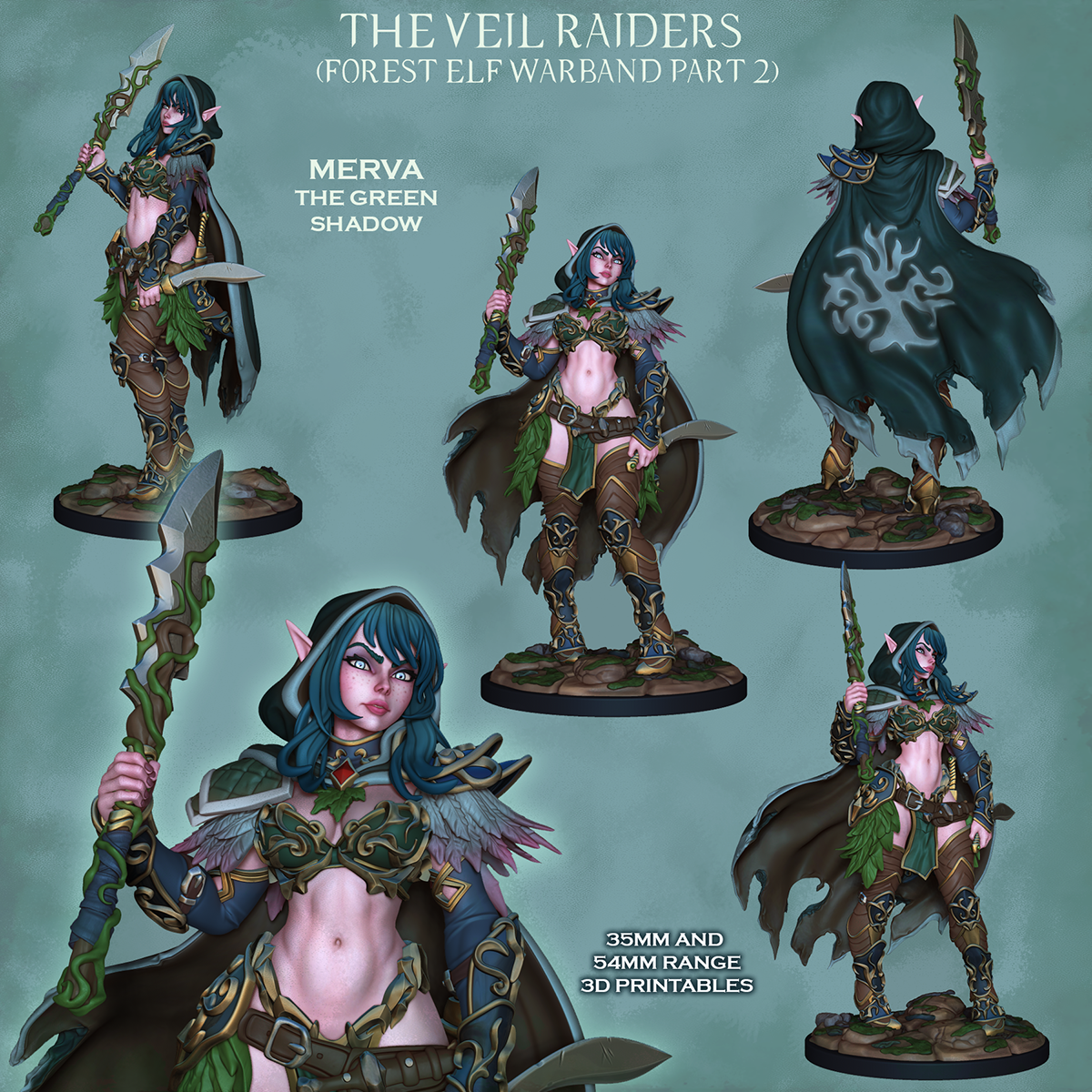 Merva the Green Shade, colour views front, back and close-up, The Veil Raiders forest elf warband part 2, designer render by Ronin Arts Workshop.
