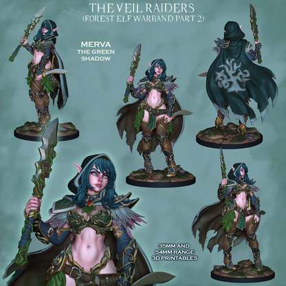 Merva the Green Shade, colour views front, back and close-up, The Veil Raiders forest elf warband part 2, designer render by Ronin Arts Workshop.