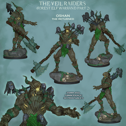 Oshan the Returned, colour views front, back, sides and close-up, The Veil Raiders forest elf warband part 2, designer render by Ronin Arts Workshop.