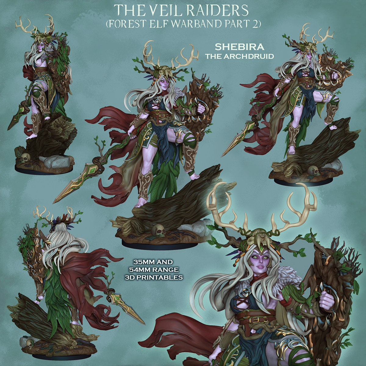 Shebira the Archdruid, colour views front, back, sides and close-up, The Veil Raiders forest elf warband part 2, designer render by Ronin Arts Workshop.