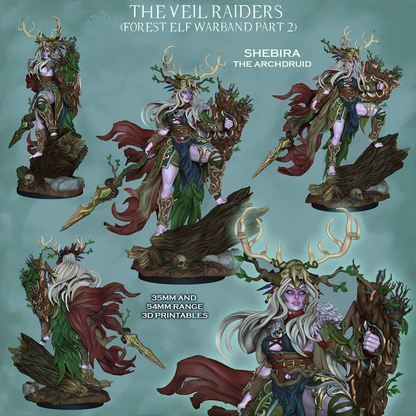 Shebira the Archdruid, colour views front, back, sides and close-up, The Veil Raiders forest elf warband part 2, designer render by Ronin Arts Workshop.
