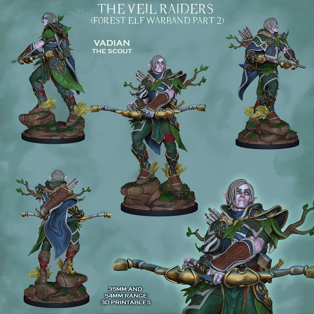 Vadian the Scout, colour views front, back, sides and close-up, The Veil Raiders forest elf warband part 2, designer render by Ronin Arts Workshop.