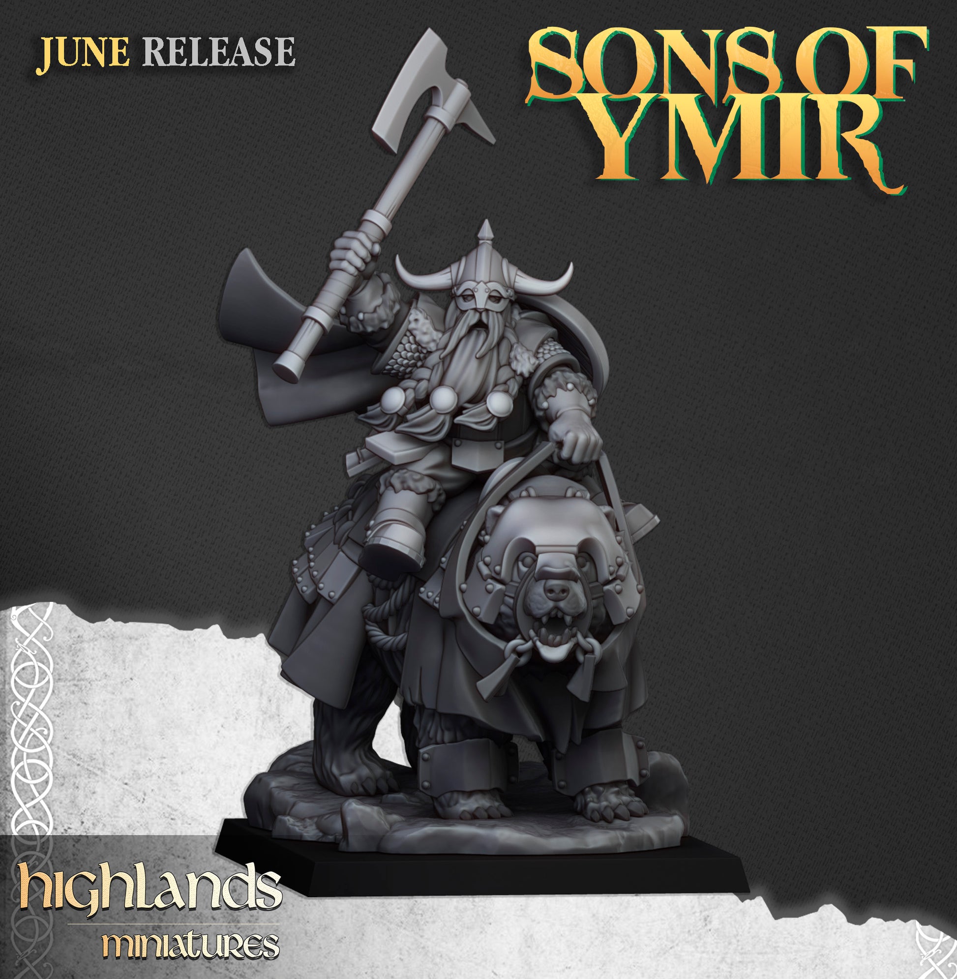 Heavy dwarf bear rider with raised axe