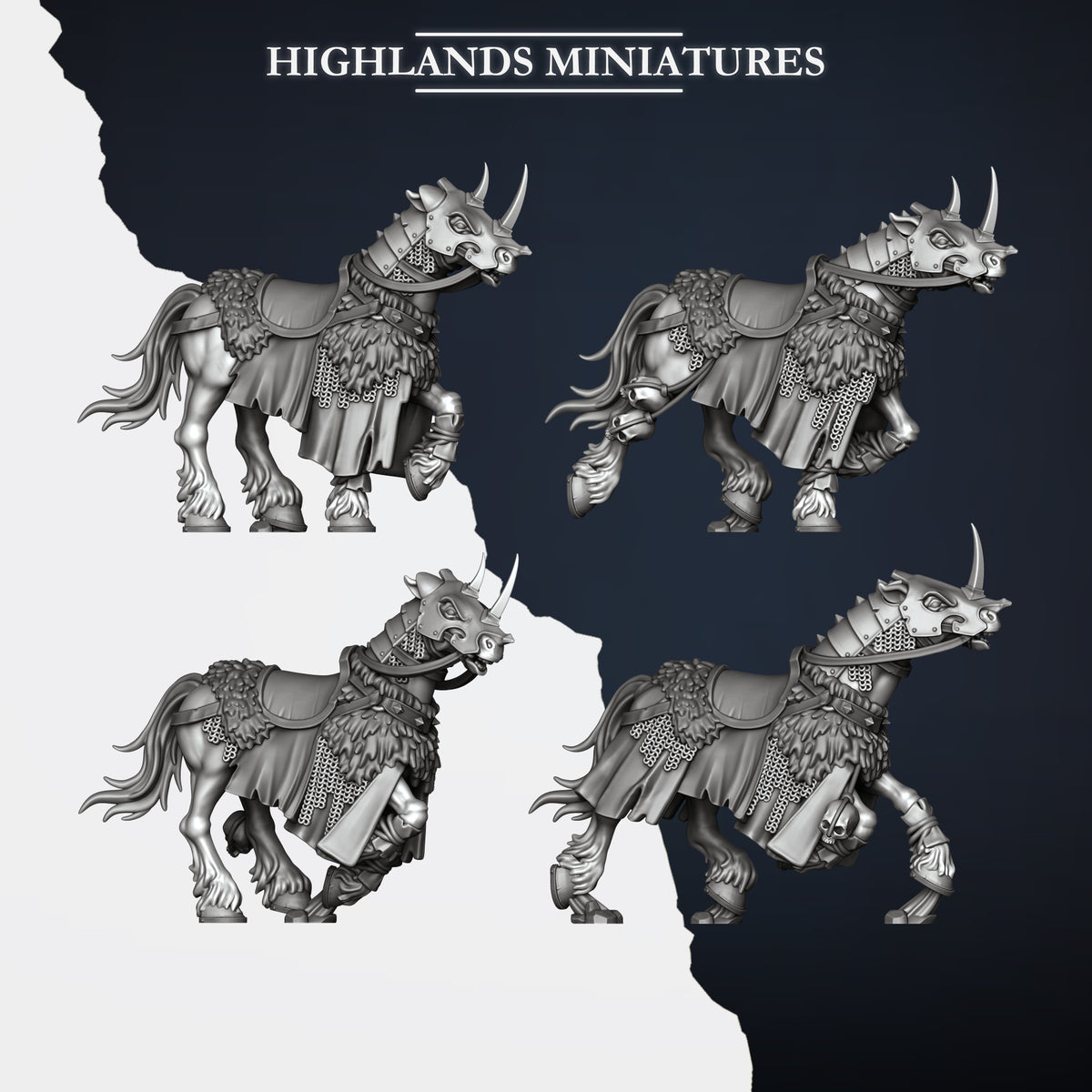 Mounted Norse Huscarls horses: the four barded warhorse sculpts with horned chamfrons, fur and mail caparisons, sold as the Mount Only option, Highlands Miniatures render