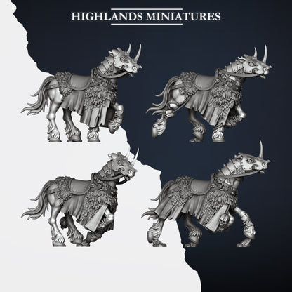 Mounted Norse Huscarls horses: the four barded warhorse sculpts with horned chamfrons, fur and mail caparisons, sold as the Mount Only option, Highlands Miniatures render