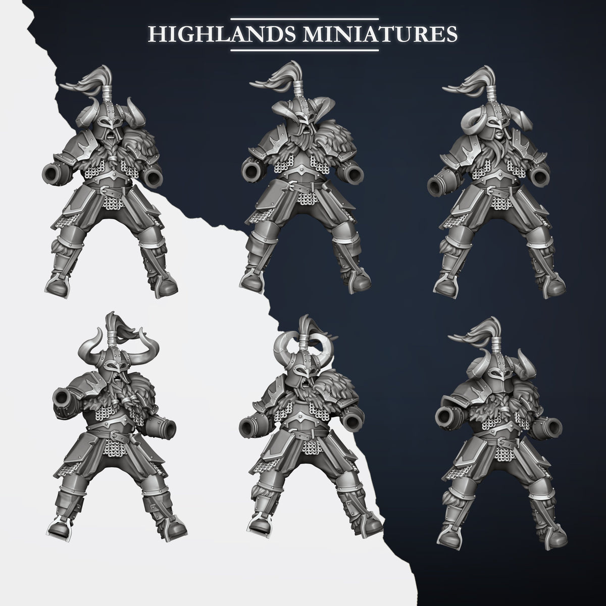 Mounted Norse Huscarls riders A to F without horses, showing the open weapon hand and shield arm sockets, Highlands Miniatures render
