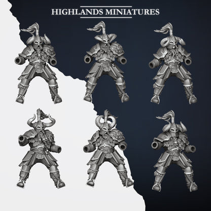Mounted Norse Huscarls riders A to F without horses, showing the open weapon hand and shield arm sockets, Highlands Miniatures render
