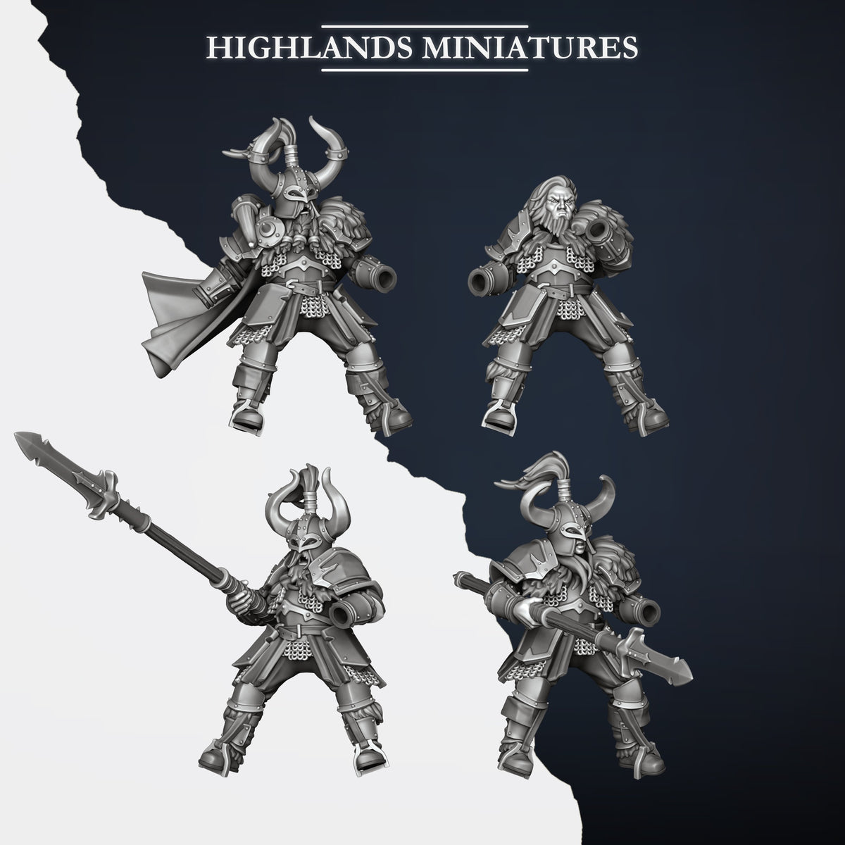 Mounted Norse Huscarls Command Group riders without horses beside Model G, showing the open weapon hand and shield arm sockets, Highlands Miniatures render