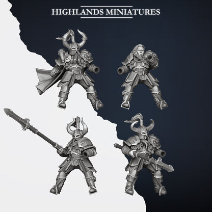 Mounted Norse Huscarls Command Group riders without horses beside Model G, showing the open weapon hand and shield arm sockets, Highlands Miniatures render