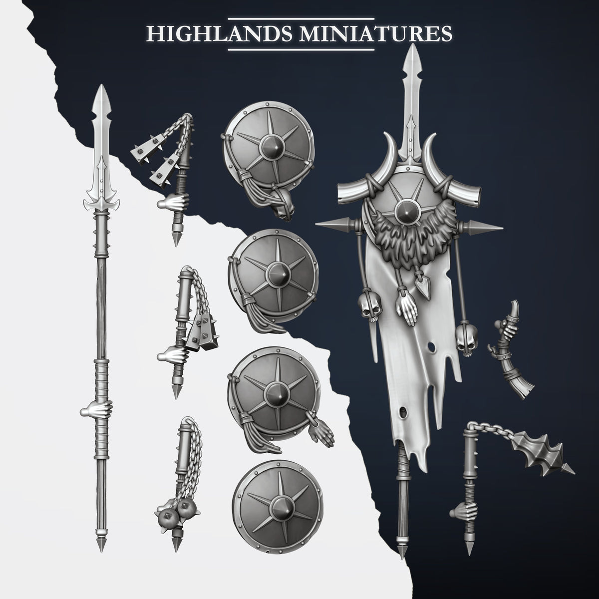 Mounted Norse Huscarls parts: cavalry spear arm, four shield designs, the captain's flail, the unit banner and the musician's horn hand, with flails from the Norse Huscarls hand-weapon set, Highlands Miniatures render