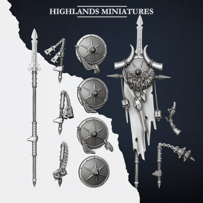 Mounted Norse Huscarls parts: cavalry spear arm, four shield designs, the captain's flail, the unit banner and the musician's horn hand, with flails from the Norse Huscarls hand-weapon set, Highlands Miniatures render