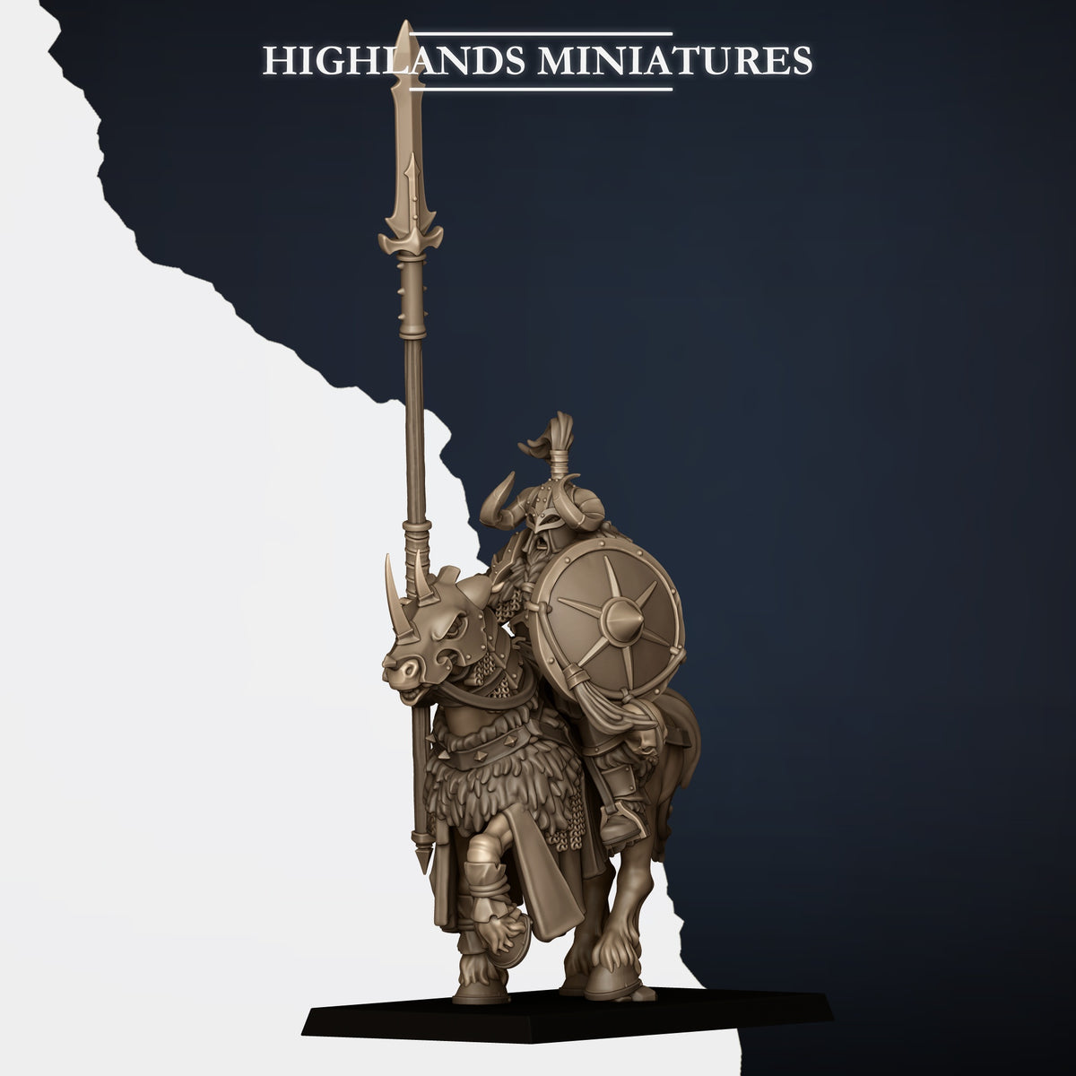 Mounted Norse Huscarls Model A, armoured huscarl on a barded warhorse with spear held upright and a round shield, plumed horned helm, Highlands Miniatures render