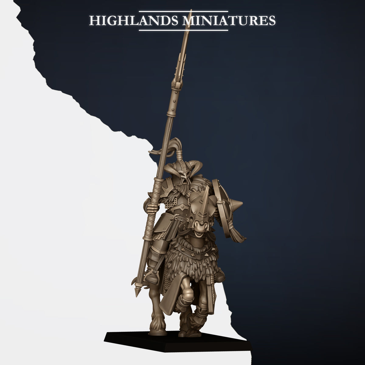 Mounted Norse Huscarls Model B, armoured huscarl on a barded warhorse with spear couched under the arm and a spiked shield, ram-horned helm, Highlands Miniatures render