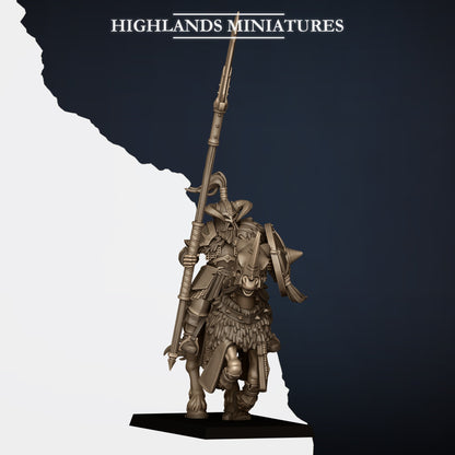 Mounted Norse Huscarls Model B, armoured huscarl on a barded warhorse with spear couched under the arm and a spiked shield, ram-horned helm, Highlands Miniatures render